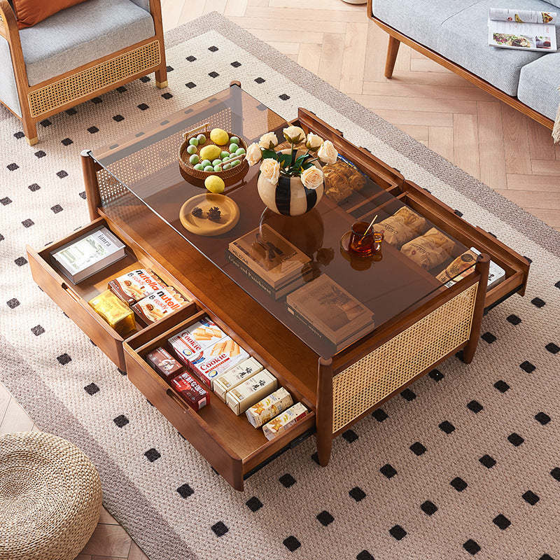 Japanese Woven Ash Glass 4-Drawer Coffee Table
