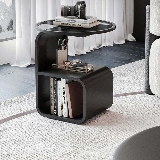 Minimalist Round Glass Iron 3-Tier End Table — Black