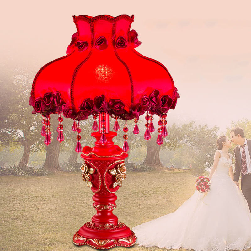 European Wedding Red Fabric Tassel Resin Table Lamp