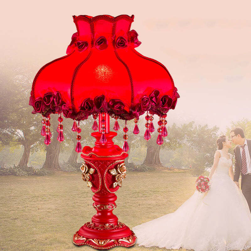 European Wedding Red Fabric Tassel Resin Table Lamp