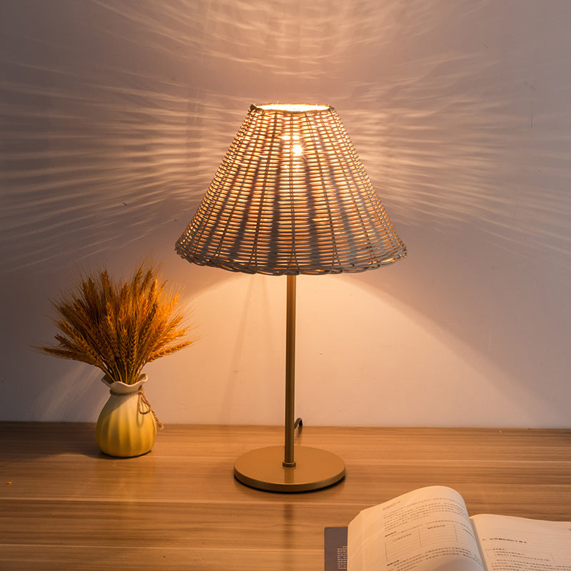 Boho Round Trapezoidal Rattan Metal Table Lamp