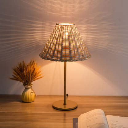 Boho Round Trapezoidal Rattan Metal Table Lamp