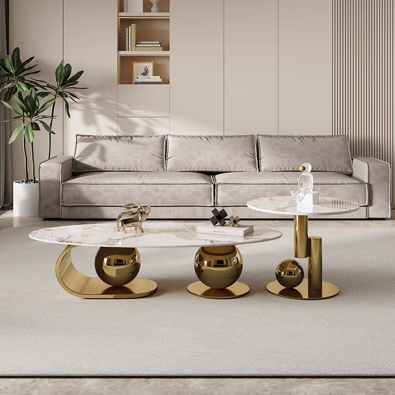 Nordic Elliptical Rock Plate Steel Coffee Table — Without Side Table / Gold
