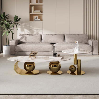 Nordic Elliptical Rock Plate Steel Coffee Table — Without Side Table / Gold