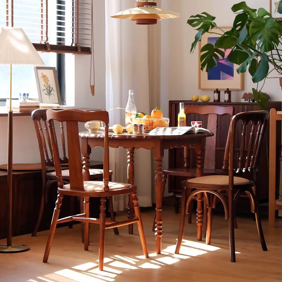 Vintage Cushion Solid Wood Rattan Dining Chair — Ash Wood - Black Walnut Color + Wood Seat