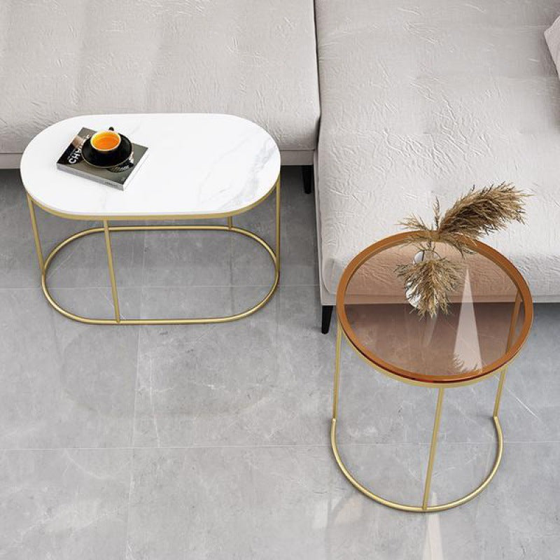 Nordic Oval Glass Rock Slab Steel Coffee Table