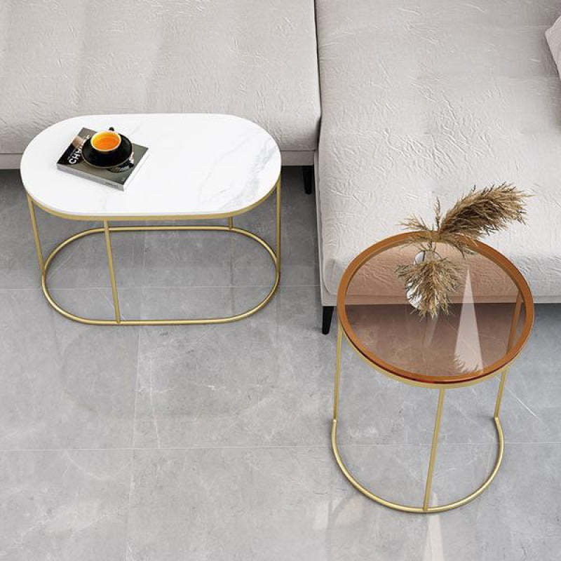 Nordic Oval Glass Rock Slab Steel Coffee Table