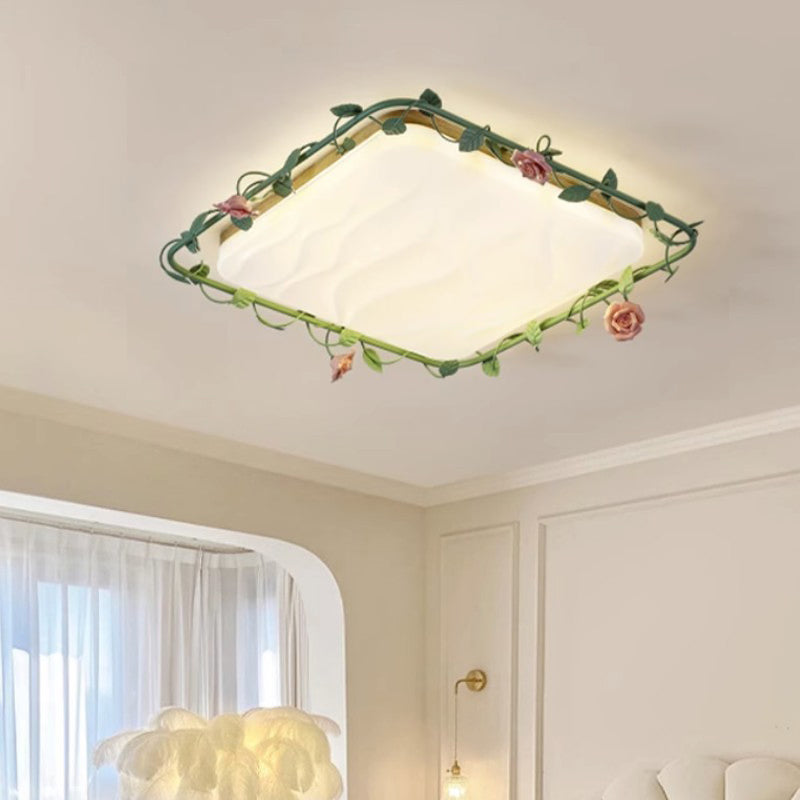 Round Rose Leaf Iron Rubberwood Acrylic LED Flush Light