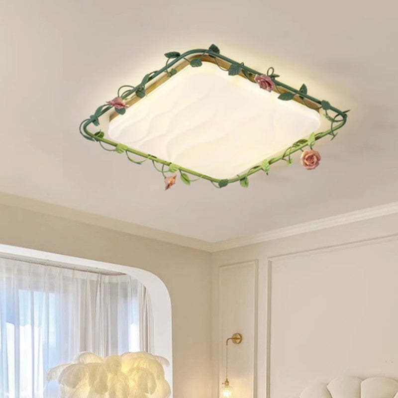 Round Rose Leaf Iron Rubberwood Acrylic LED Flush Light