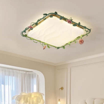 Round Rose Leaf Iron Rubberwood Acrylic LED Flush Light