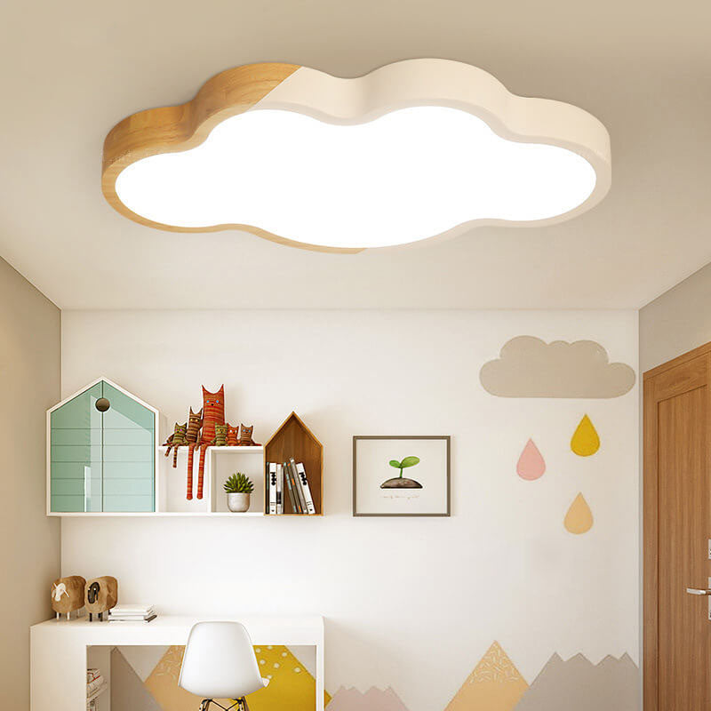 Nordic Wood Cloud Macaron LED Kids Flush Mount Light — Infinitely Dimmable / Yellow / 110V-120V For US/CA