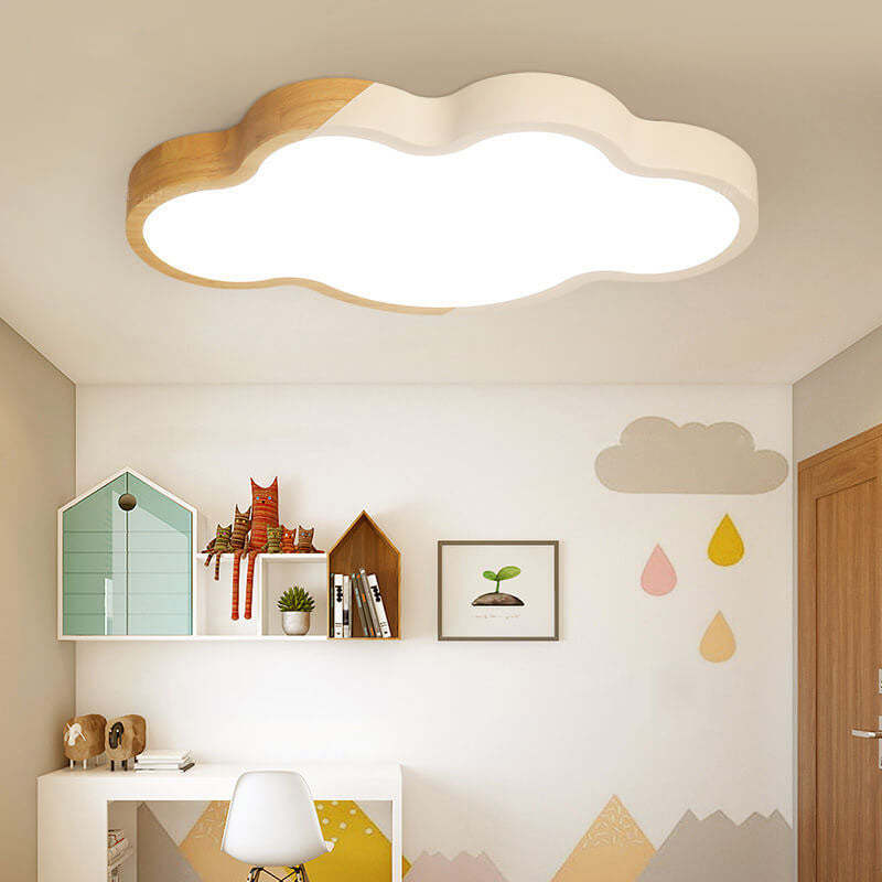 Nordic Wood Cloud Macaron LED Kids Flush Mount Light — Infinitely Dimmable / Yellow / 110V-120V For US/CA