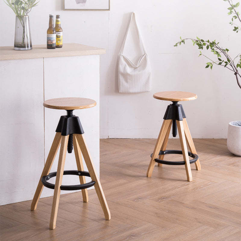 Vintage Solid Wood Nylon Adjustable Swivel Counter Stool — Wood Color