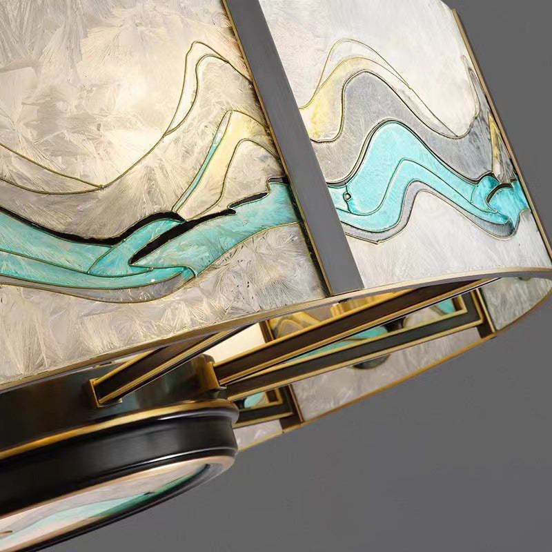 Chinese Enamel Glass Cylinder Brass Chandelier