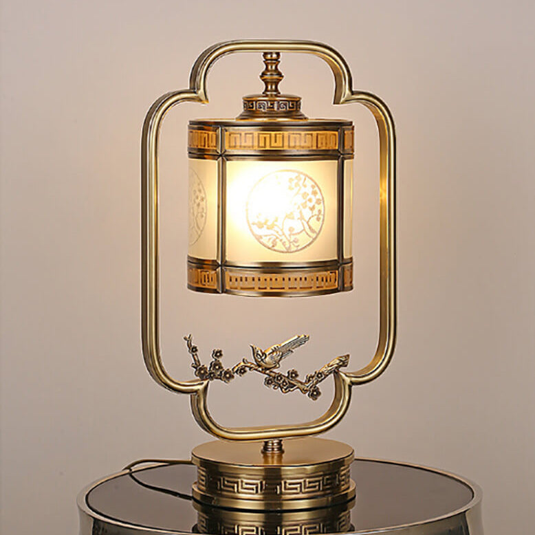Chinese Glass Copper Carved Table Lamp