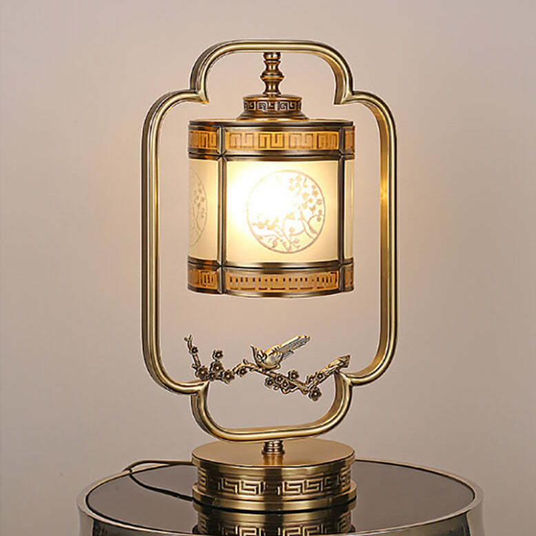 Chinese Glass Copper Carved Table Lamp