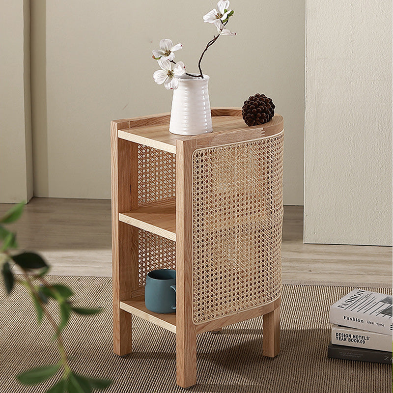Japanese Rattan Ash Wood Weaving Nightstand 2-Storage — Wood Color