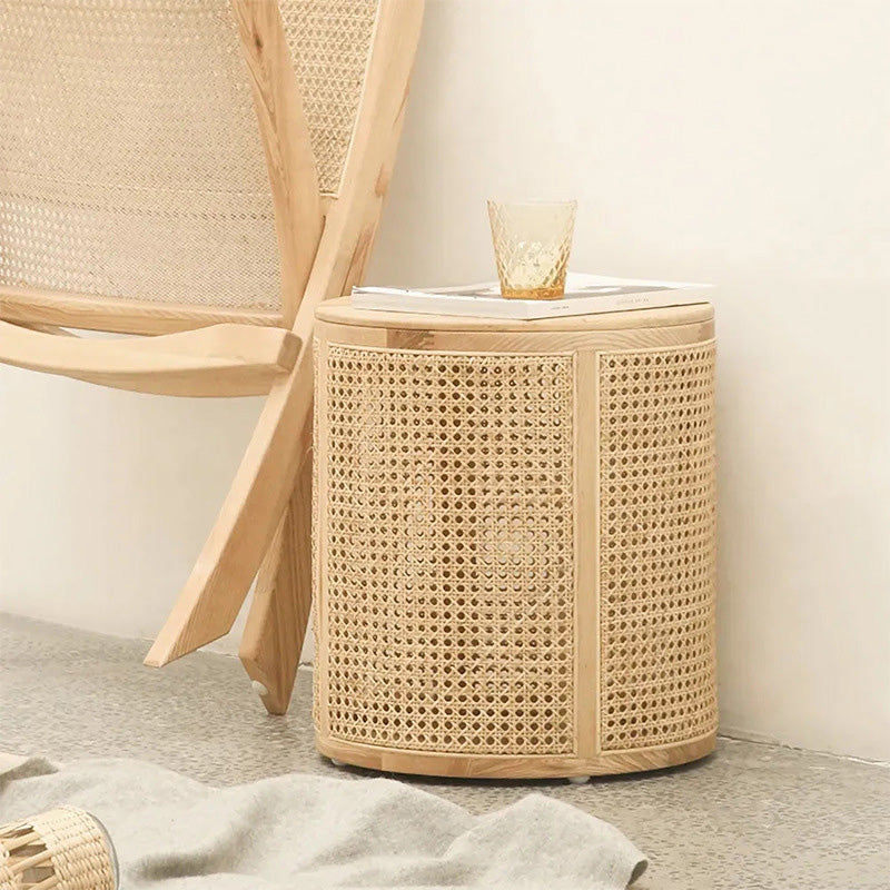 Scandinavian Cylindrical Wood Rattan Coffee Table