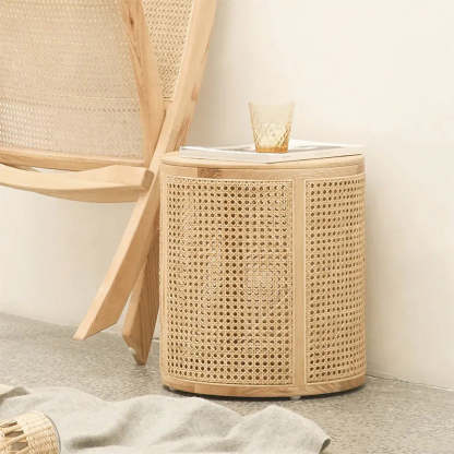 Scandinavian Cylindrical Wood Rattan Coffee Table