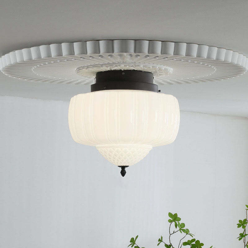 Art Deco Iron Pumpkin Glass 3-Light Flush Ceiling Light