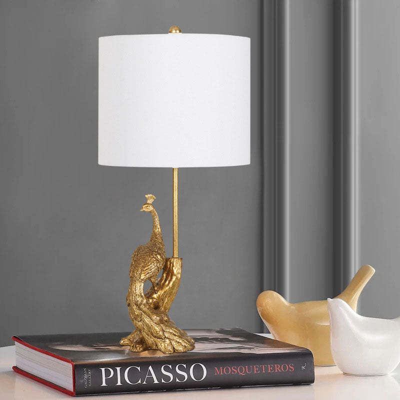 Vintage Cylindrical Peacock Resin Gold Fabric Lamp — 220V-240V For UK/AU