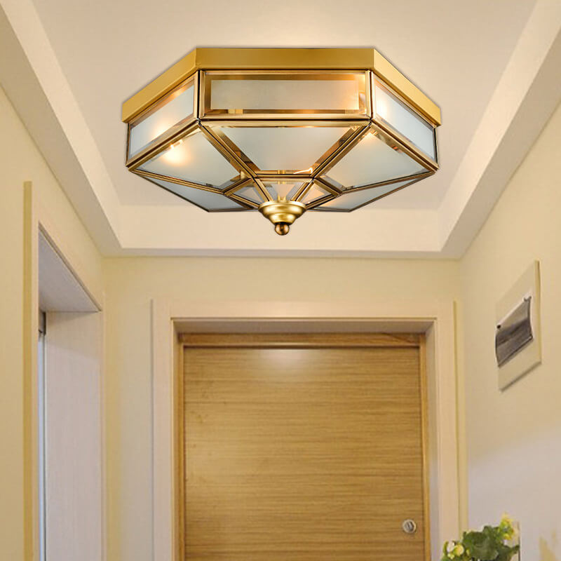 European Polygonal Copper Glass Flush Ceiling Light