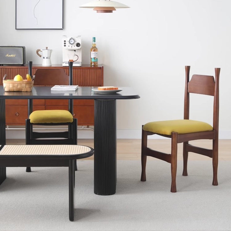 Vintage Wood Curved Velvet Dining Chair — Walnut / Yellow