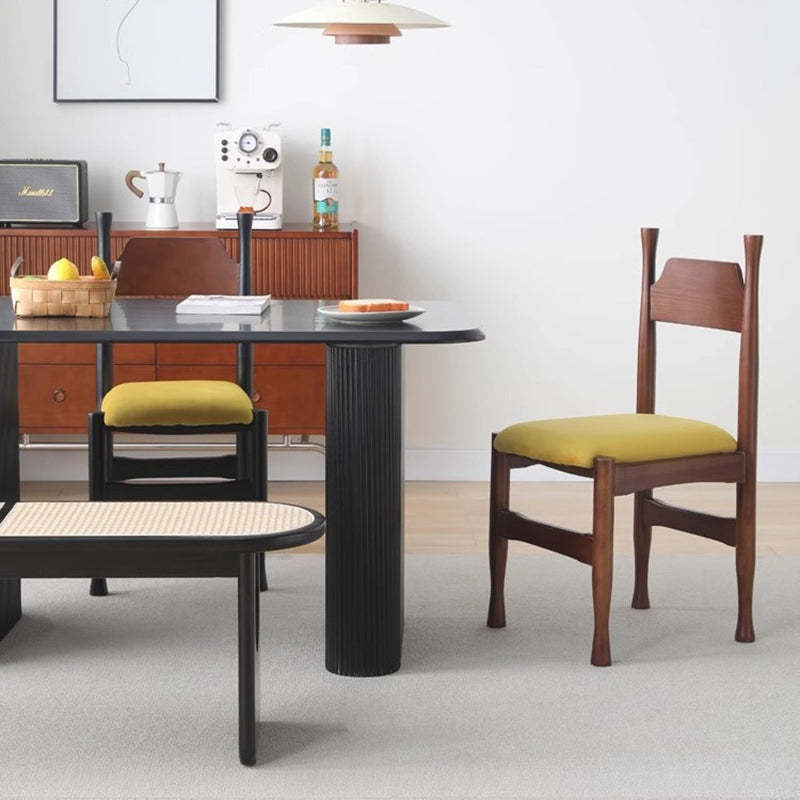Vintage Wood Curved Velvet Dining Chair — Walnut / Yellow