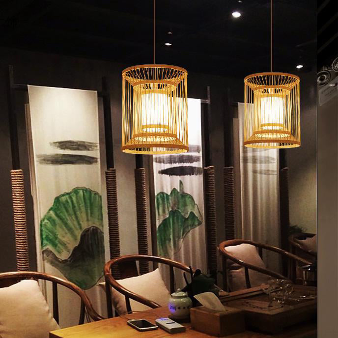 Chinese Round Vertical Bamboo Pendant Light