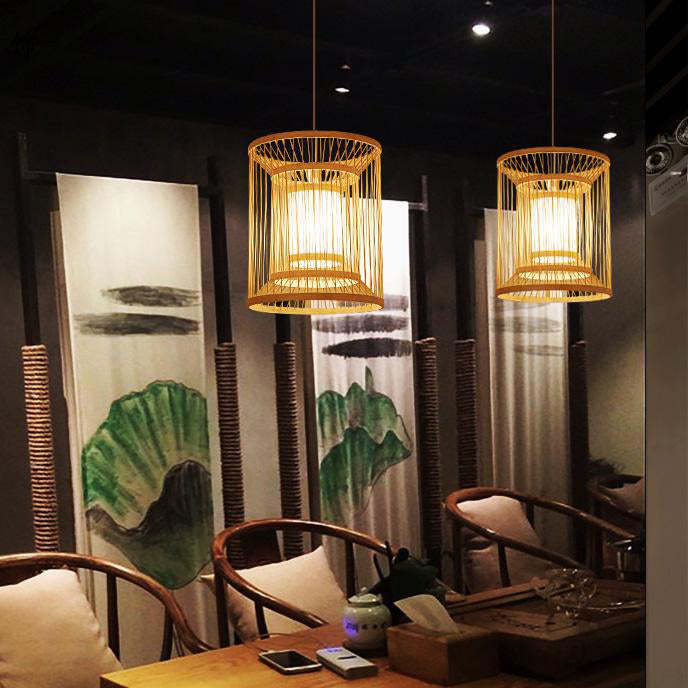 Chinese Round Vertical Bamboo Pendant Light