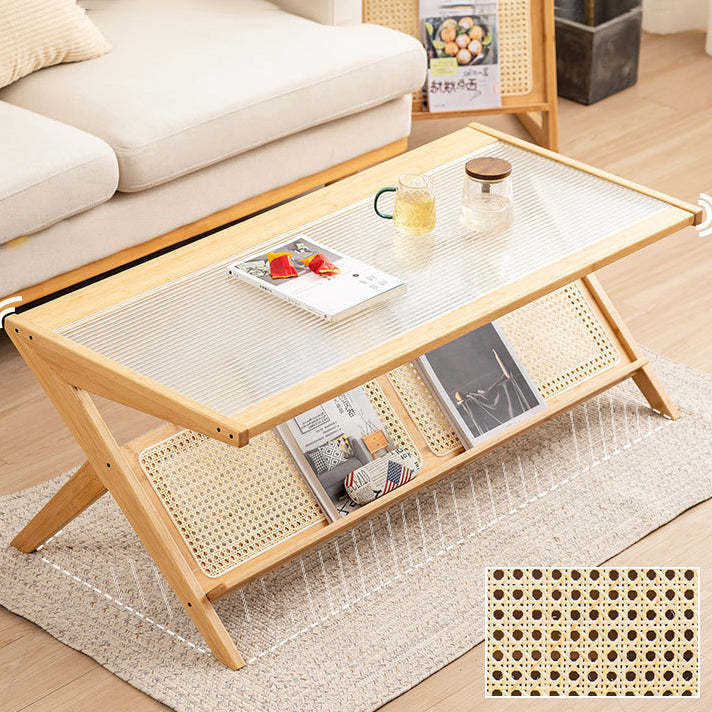 Japanese Z-Shape Wood Glass Rattan Coffee Table