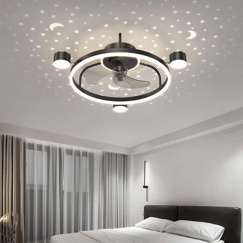 Modern Round Starry Sky Projection LED Ceiling Fan Light — Black / 110V-120V For US/CA