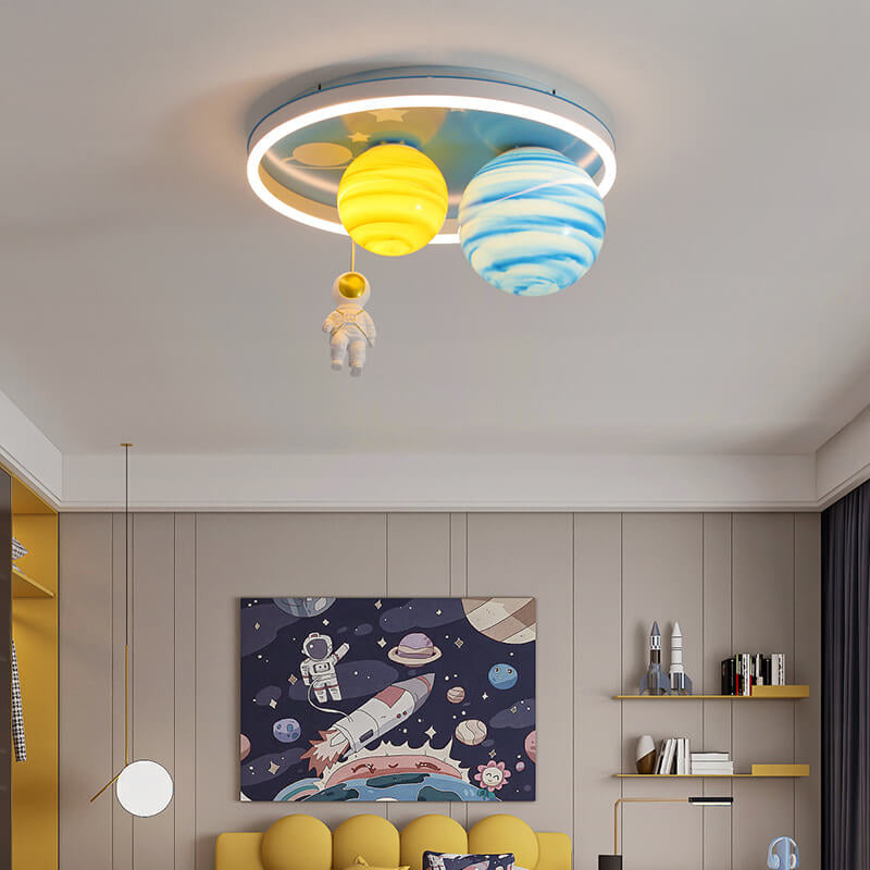 Astronaut Planet Round Kids Flush Mount Light