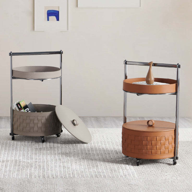 Nordic Steel Saddle Leather 2-Tier Movable End Table — A - Caramel Color