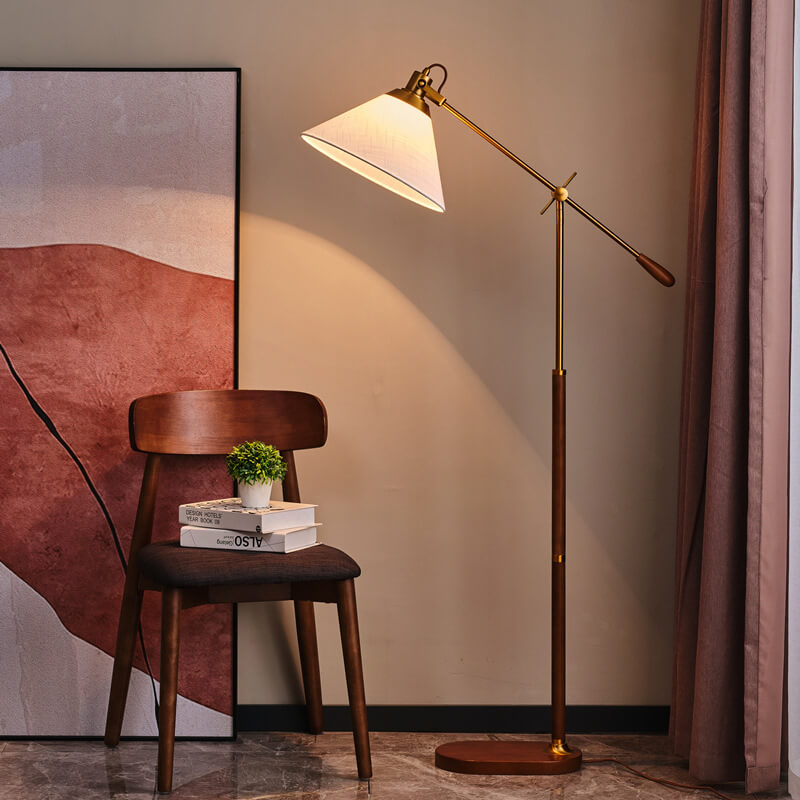Nordic Vintage Fabric Cone Metal Ash Wood Floor Lamp