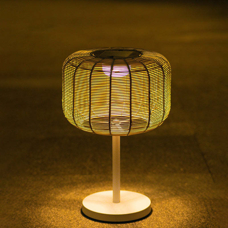 Retro Solar Woven Rattan Metal Cylinder LED Landscape Light