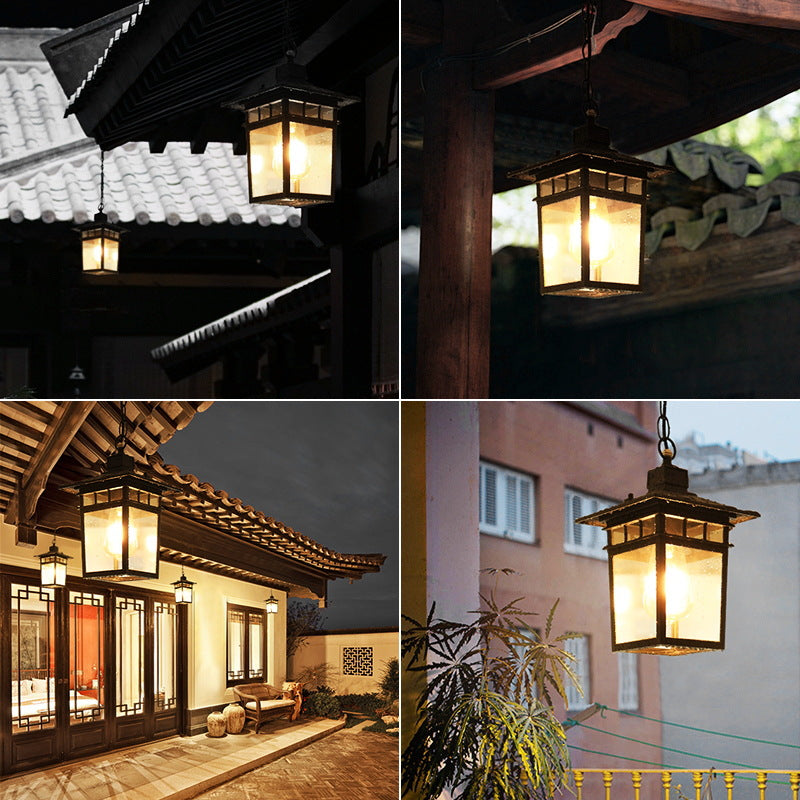 European Square Cage Aluminum Glass Outdoor Pendant Light