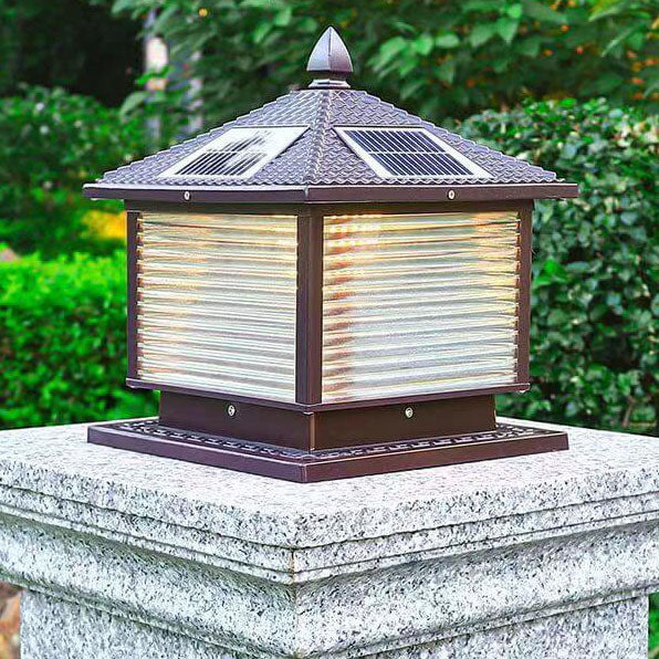 Retro Square Die-Cast Aluminum Glass Solar Column Light — B / Solar