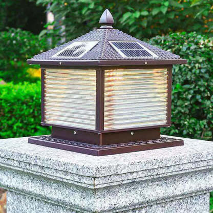 Retro Square Die-Cast Aluminum Glass Solar Column Light — B / Solar