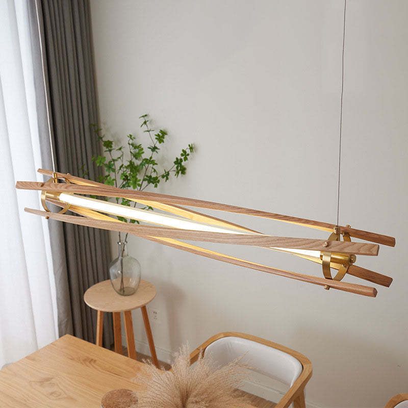Japanese Log Long Column Brass LED Island Chandelier