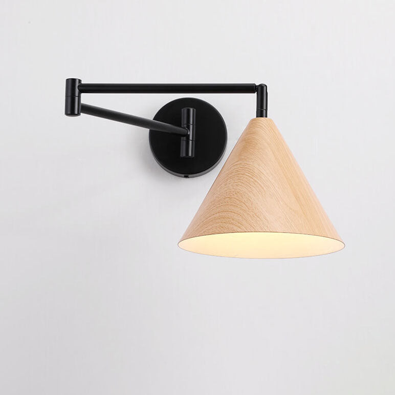 Nordic Cone Swing Arm Wood Grain Iron Wall Sconce