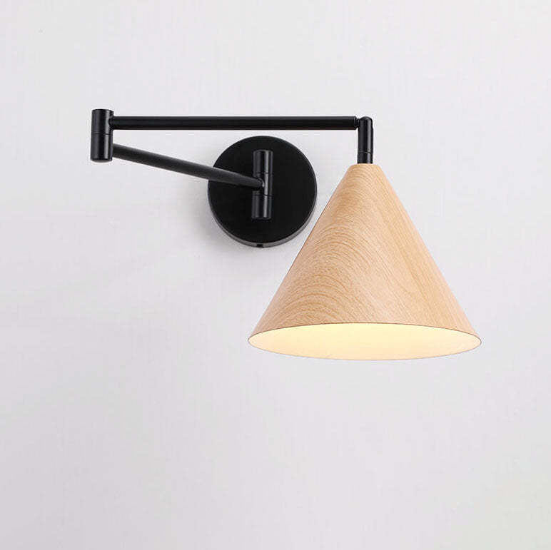 Nordic Cone Swing Arm Wood Grain Iron Wall Sconce
