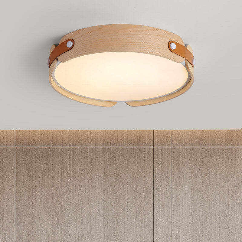 Minimalist Solid Wood Round Leather LED Flush Light