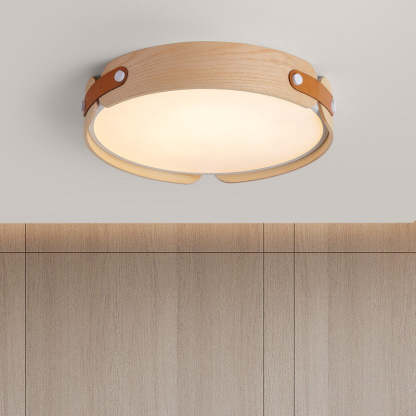 Minimalist Solid Wood Round Leather LED Flush Light
