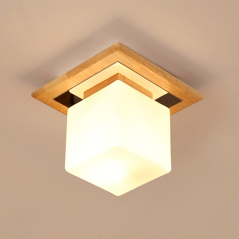 Nordic Minimalist Square Wood Glass Flush Mount Light