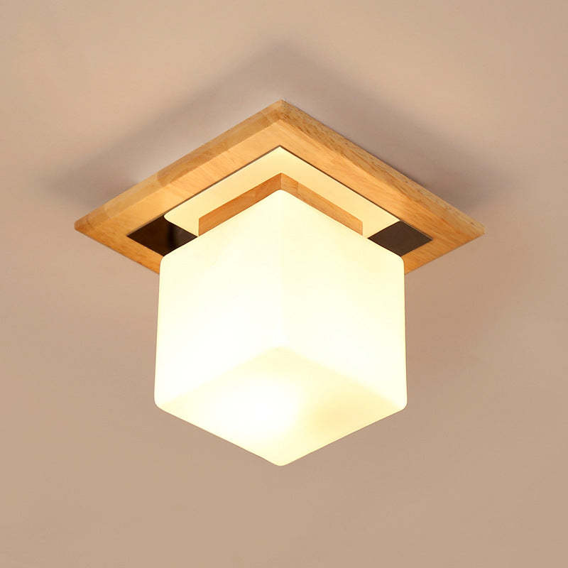 Nordic Minimalist Square Wood Glass Flush Mount Light