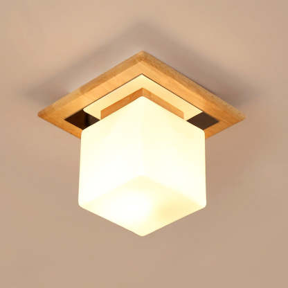 Nordic Minimalist Square Wood Glass Flush Mount Light