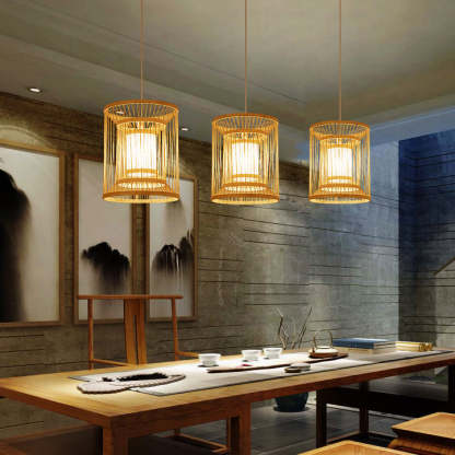 Chinese Round Vertical Bamboo Pendant Light