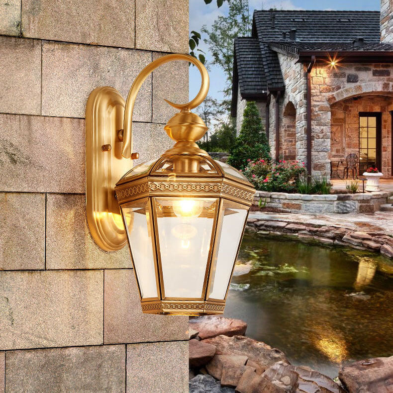 European Hexagonal Lantern Copper Glass Outdoor Wall Sconce