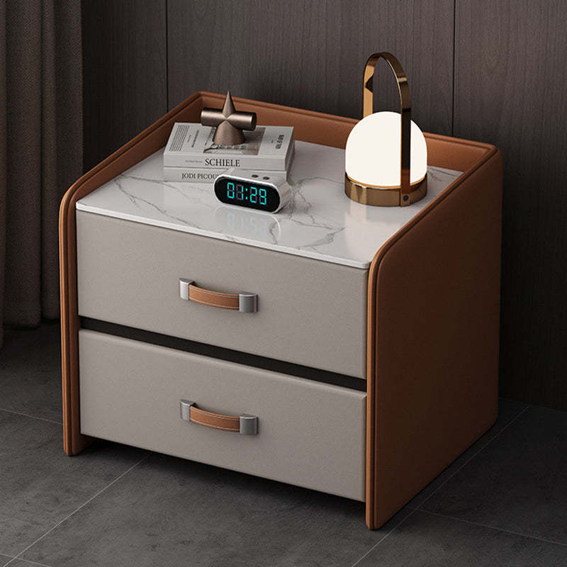 Modern Saddle Leather Wood 2-Drawer Nightstand
